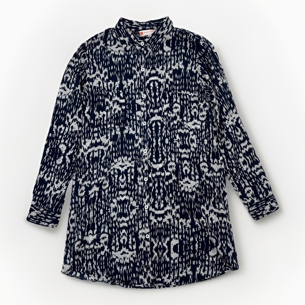 Judy Connally Tunic Shirt Sz S Lightweight Indian Cotton Navy White Abstract - Picture 2 of 12